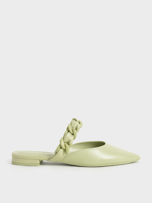 Braided Chain-Link Flat Mules, Sage Green, hi-res