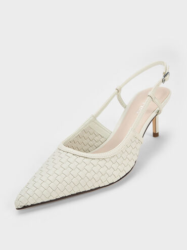 Woven Slingback Pumps, White, hi-res