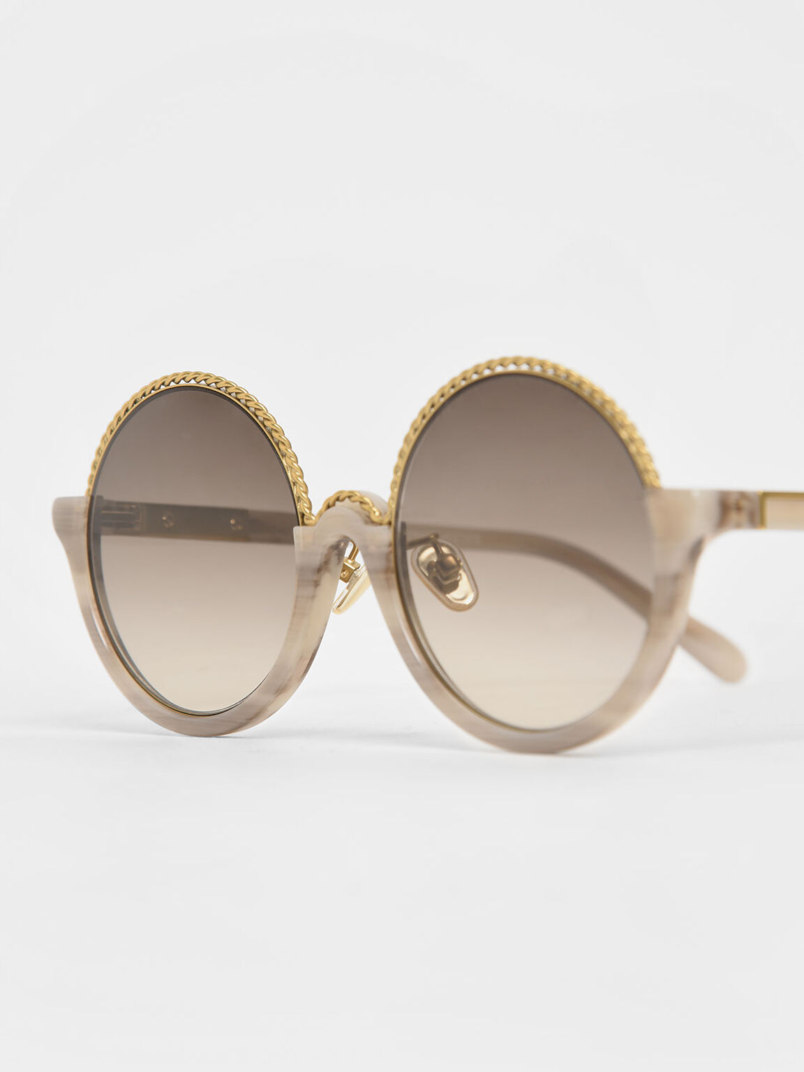 Printed Half Frame Embellished Round Sunglasses, Cream, hi-res