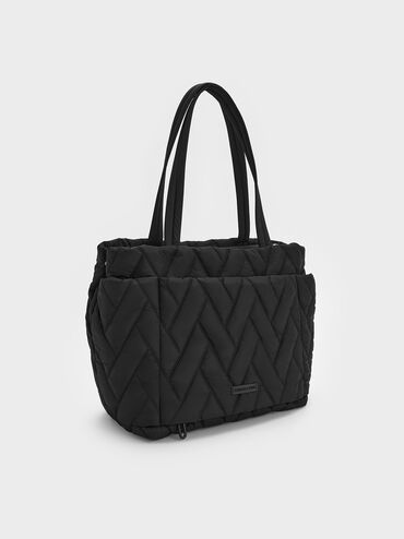 Bolso tote estilo chevron de nylon, negro azabache, hi-res