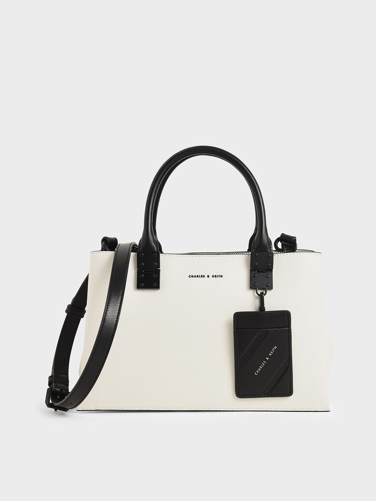 Double Top Handle Structured Bag - White