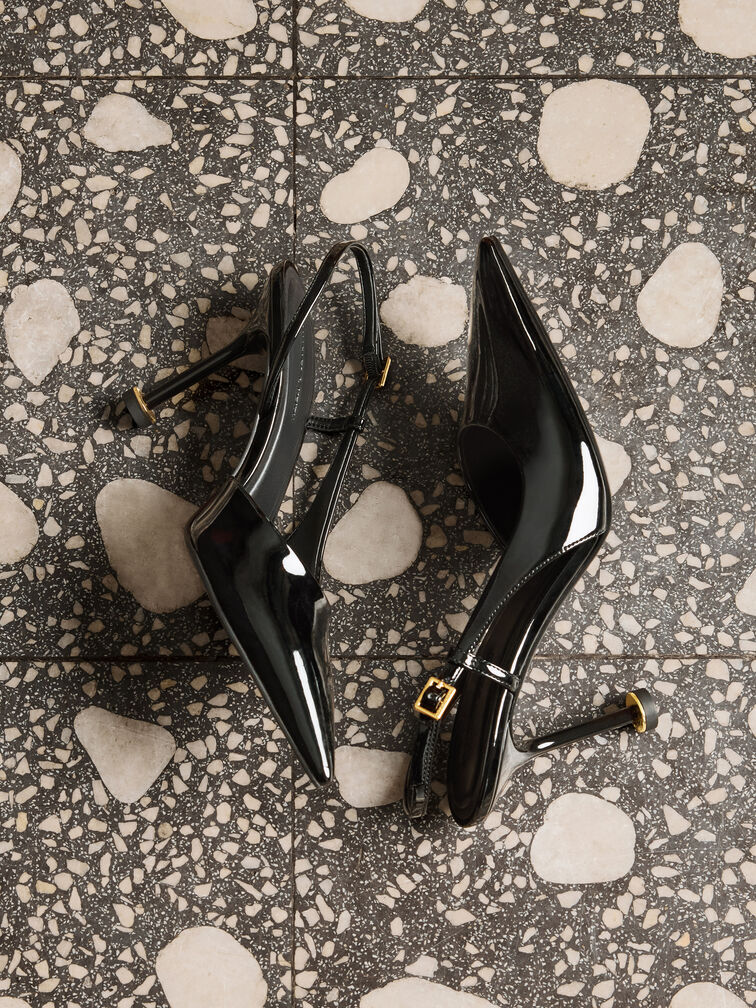 Slingbacks de charol con puntera afilada y tacón escultural, Charol negro, hi-res