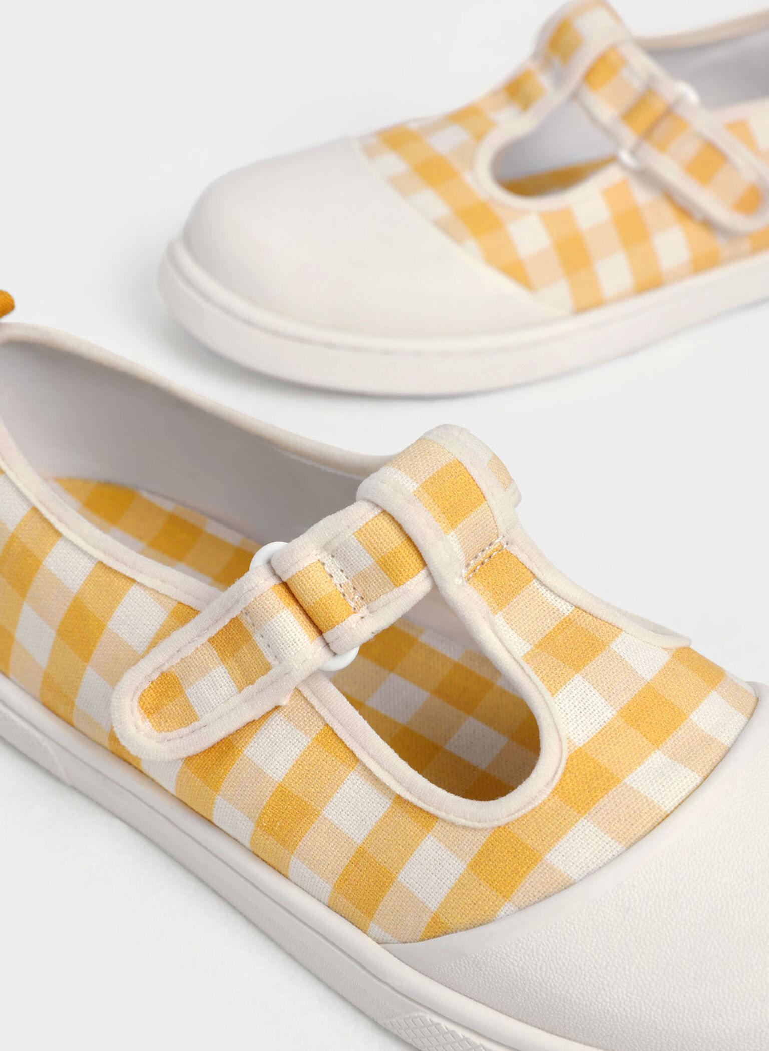 Girls' Linen Front-Strap Gingham-Print Shoes, Yellow, hi-res