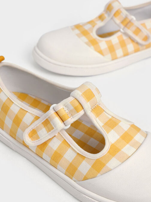 Girls' Linen Front-Strap Gingham-Print Shoes, Yellow, hi-res