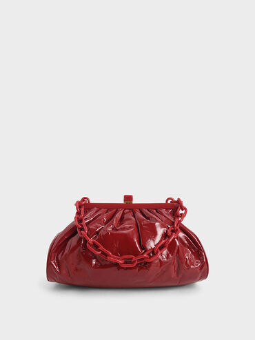 Patent Chain Handle Clutch, Red, hi-res