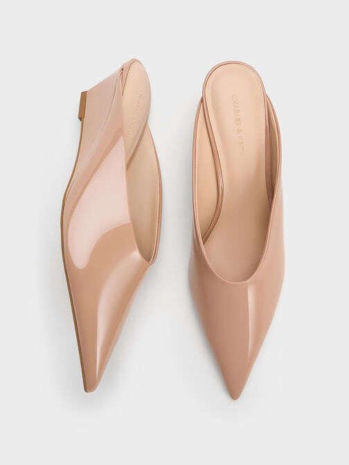 Patent Pointed-Toe Wedge Mules, Nude, hi-res