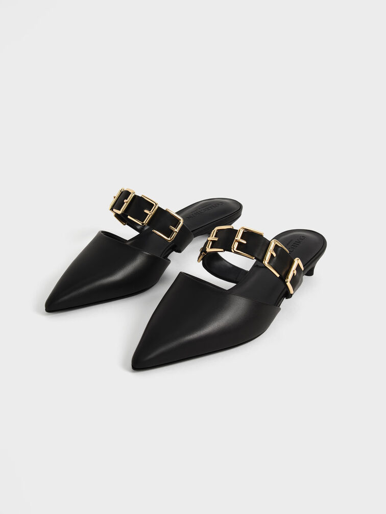 Buckled Leather Kitten Heel Mules, Black, hi-res