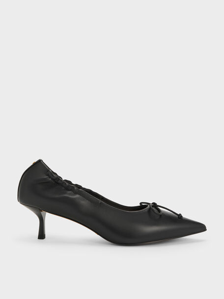 Leather Ruched Pointed Kitten Heels, Black, hi-res