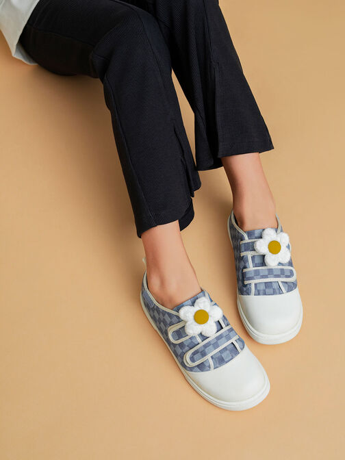 Girls' Flower-Embellished Denim Check-Print Sneakers, Blue, hi-res