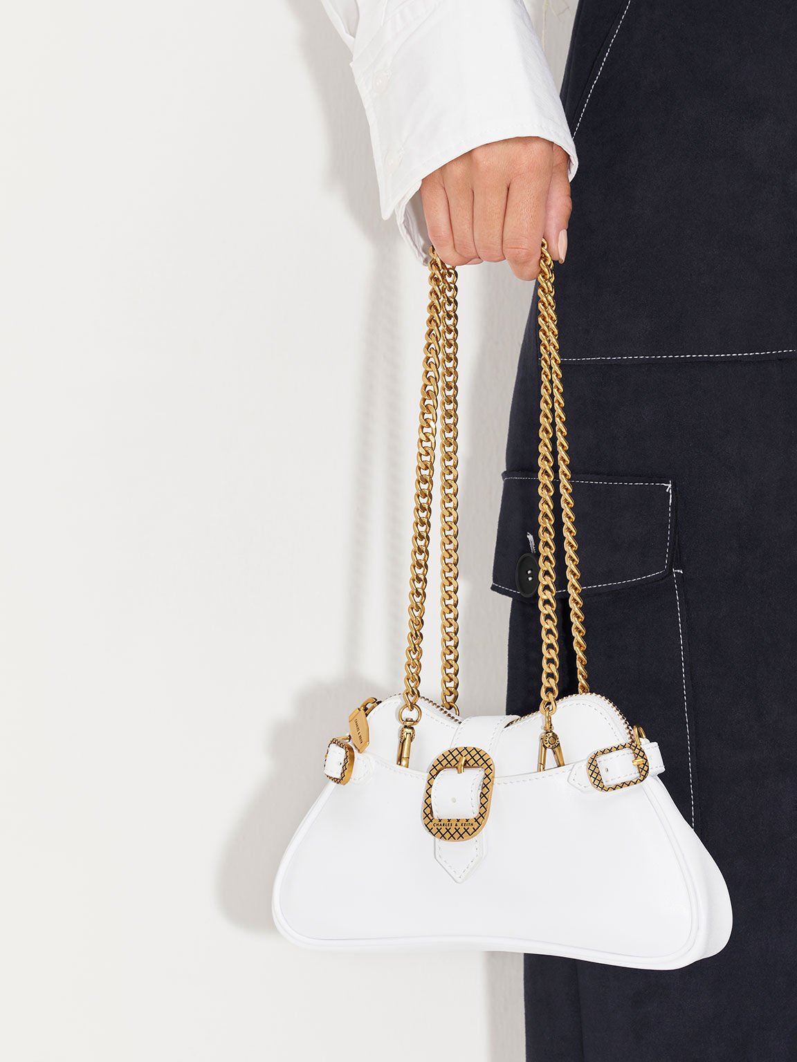 Eilith Chain-Handle Buckled Bag, White, hi-res