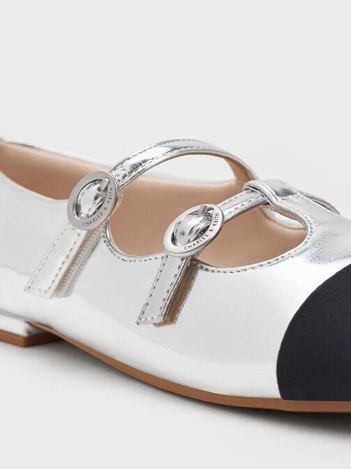 Girls' Metallic Double-Strap Two-Tone Mary Janes, Silver, hi-res