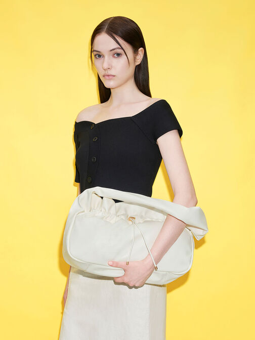 Bolso hobo efecto fruncido, Blanco, hi-res