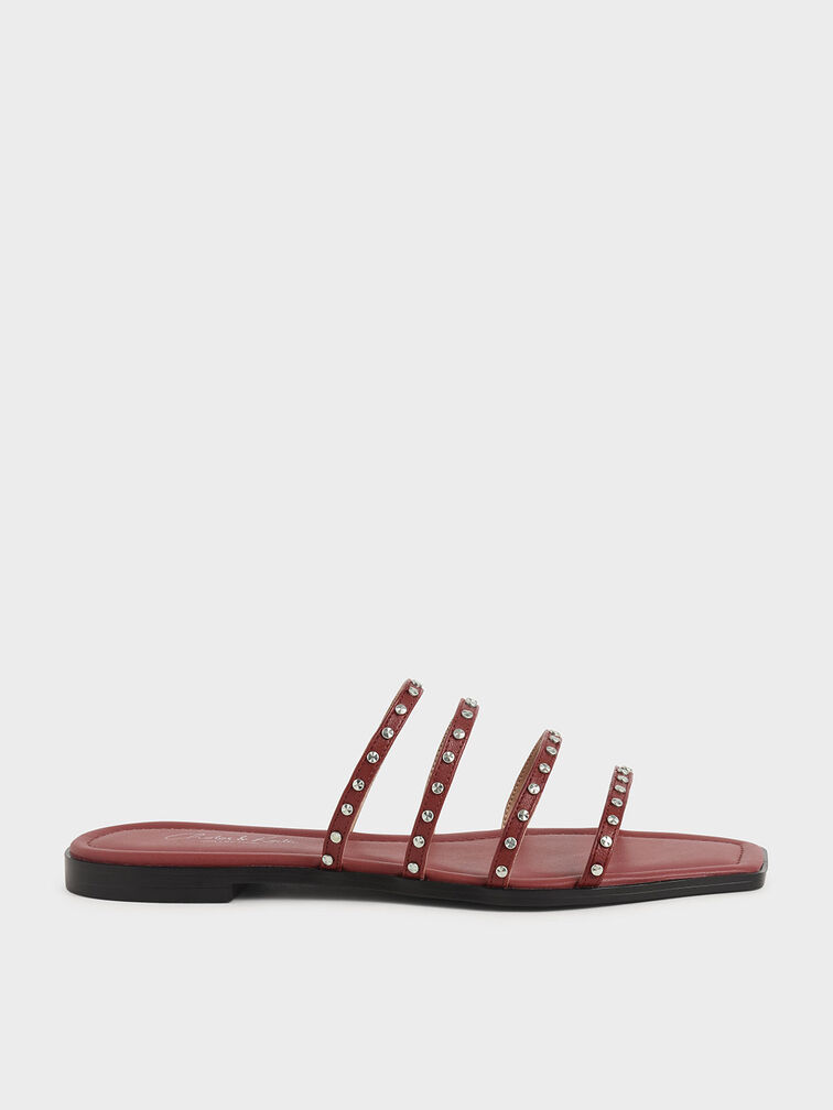 Studded Leather Flat Sandals, Brick, hi-res