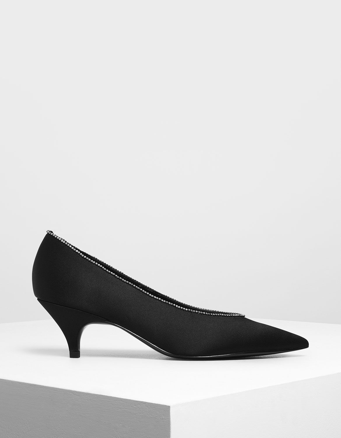 Black satin kitten heel shoes clearance