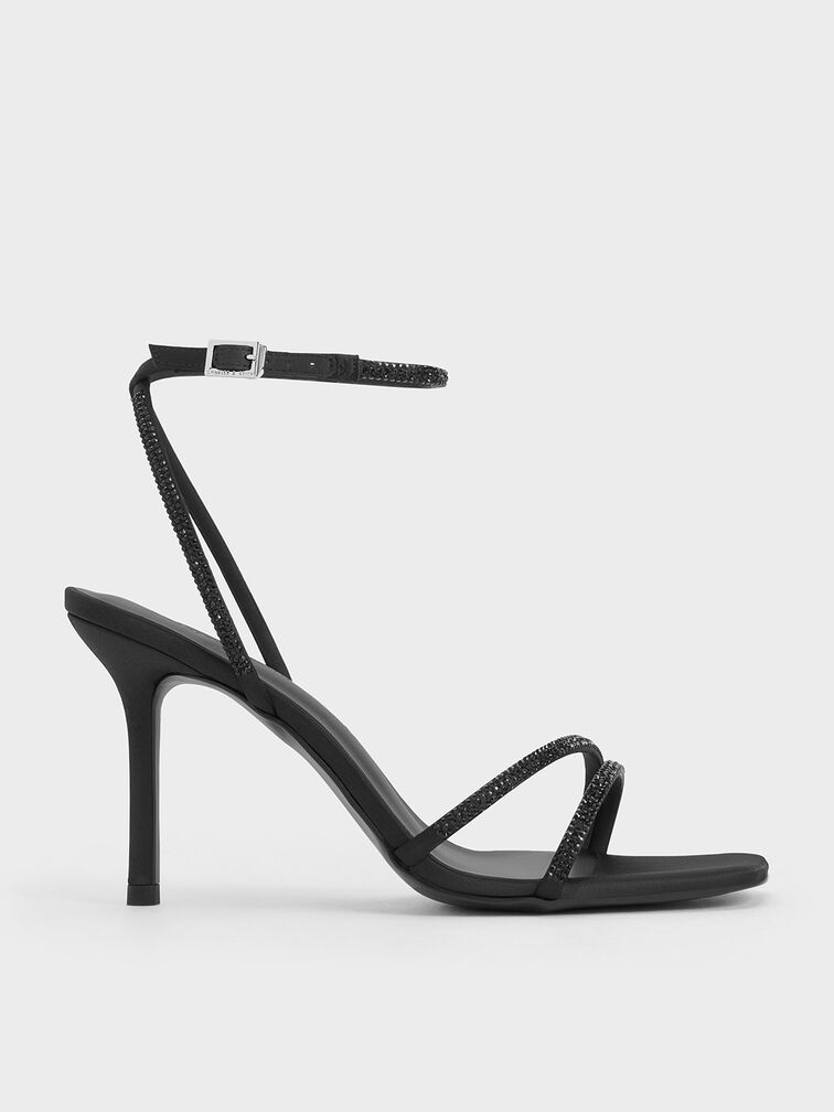 Satin Crystal-Embellished Stiletto-Heel Sandals, Black Textured, hi-res