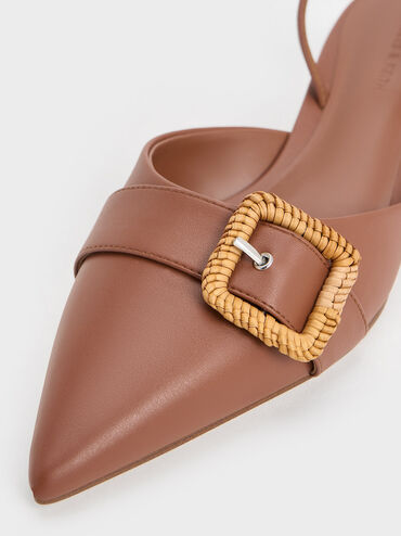 Woven-Buckle Slingback Pumps, Brown, hi-res