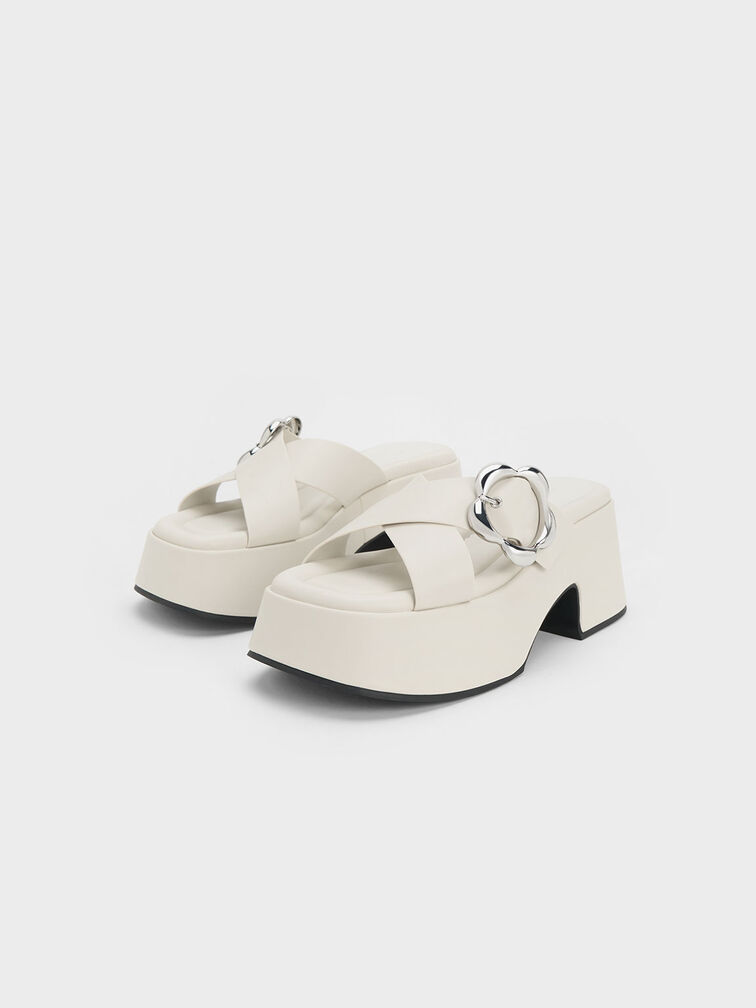 Flower-Buckle Crossover Platform Mules, Chalk, hi-res