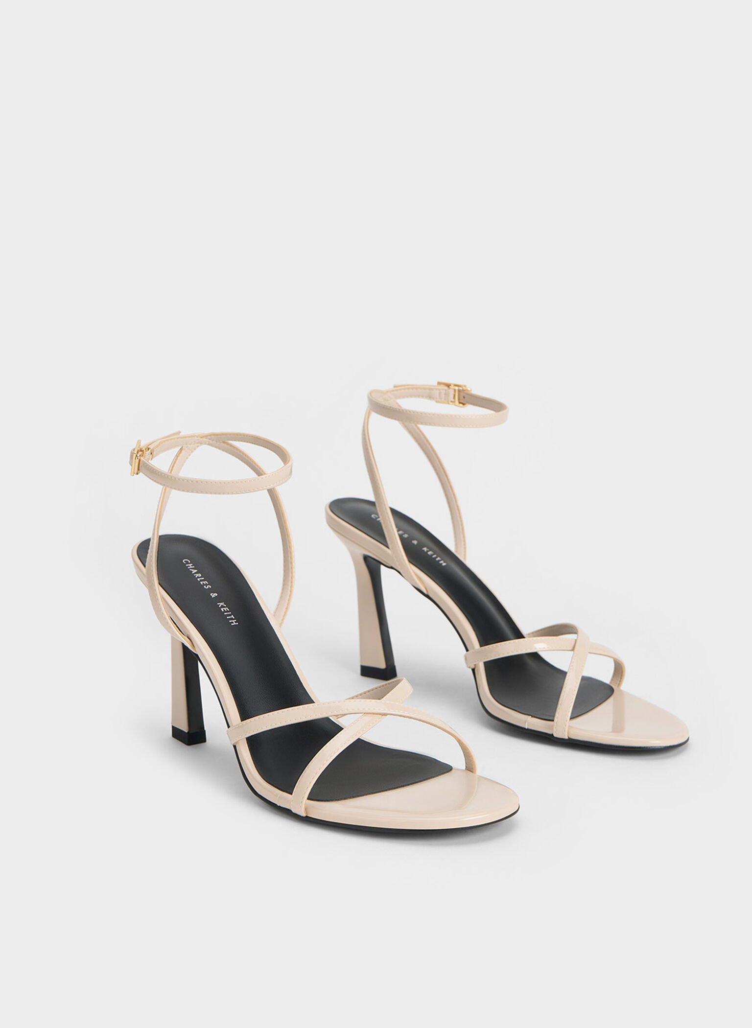 Cream Patent Crossover-Strap Heeled Sandals - CHARLES & KEITH AU