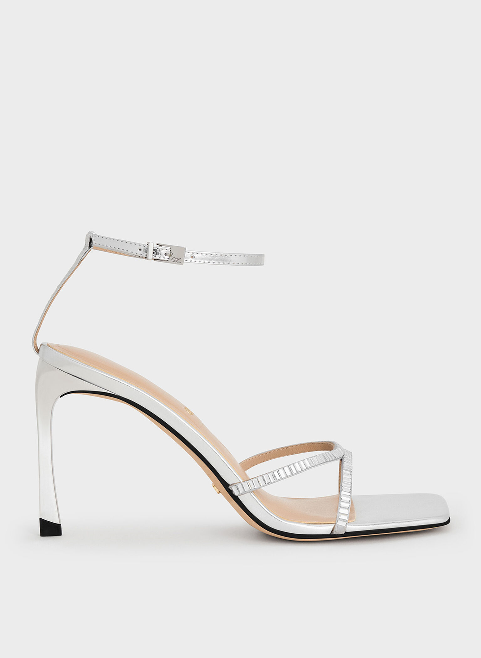 Metallic Leather & Satin Crystal-Embellished Ankle-Strap Sandals, Silver, hi-res