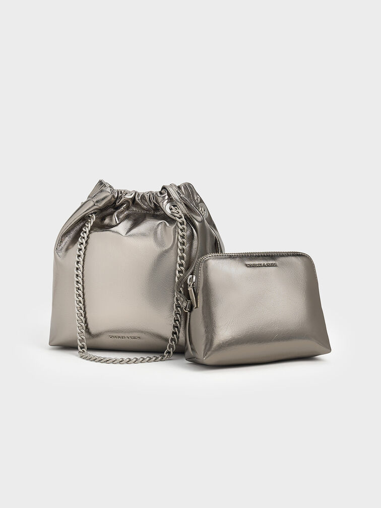 Pewter Caia Metallic Chain-Handle Tote Bag - CHARLES & KEITH US