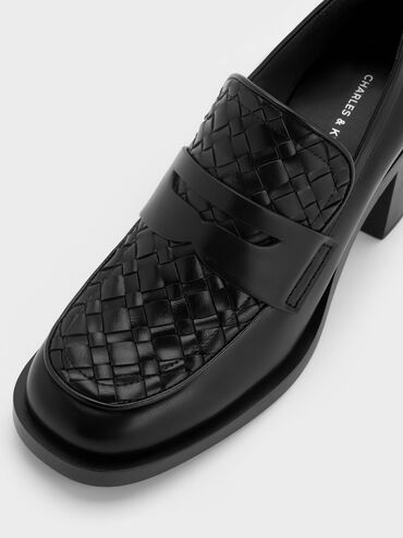 Woven-Detail Penny Loafer Block-Heel Pumps, Black, hi-res