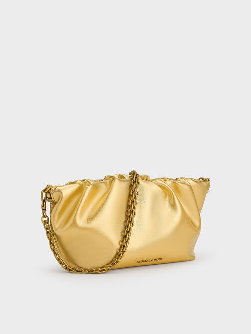 Brigette Metallic Ruched Chain-Handle Clutch, Gold, hi-res