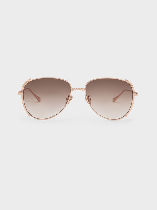 Gem-Embellished Wireframe Aviator Sunglasses, Rose Gold, hi-res