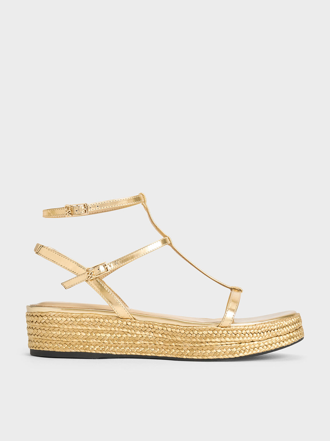 Gold Metallic Leather T Bar Espadrille Sandals CHARLES KEITH CA