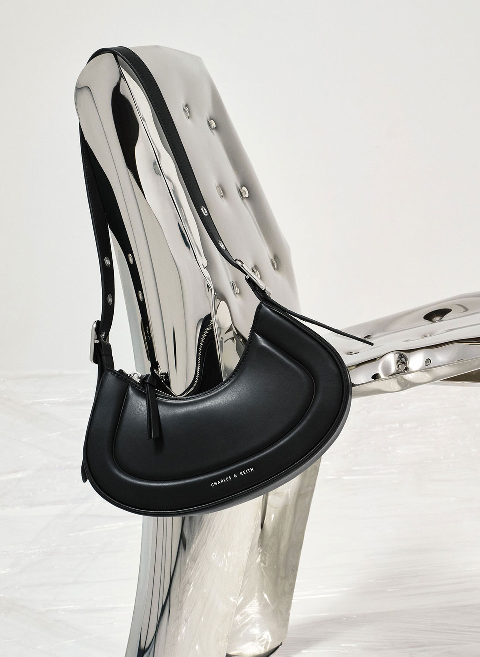 Petra Curved Shoulder Bag, Black, hi-res