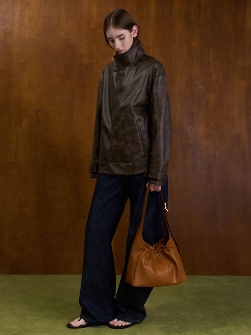 Brigette Ruched Shoulder Bag, Brown, hi-res