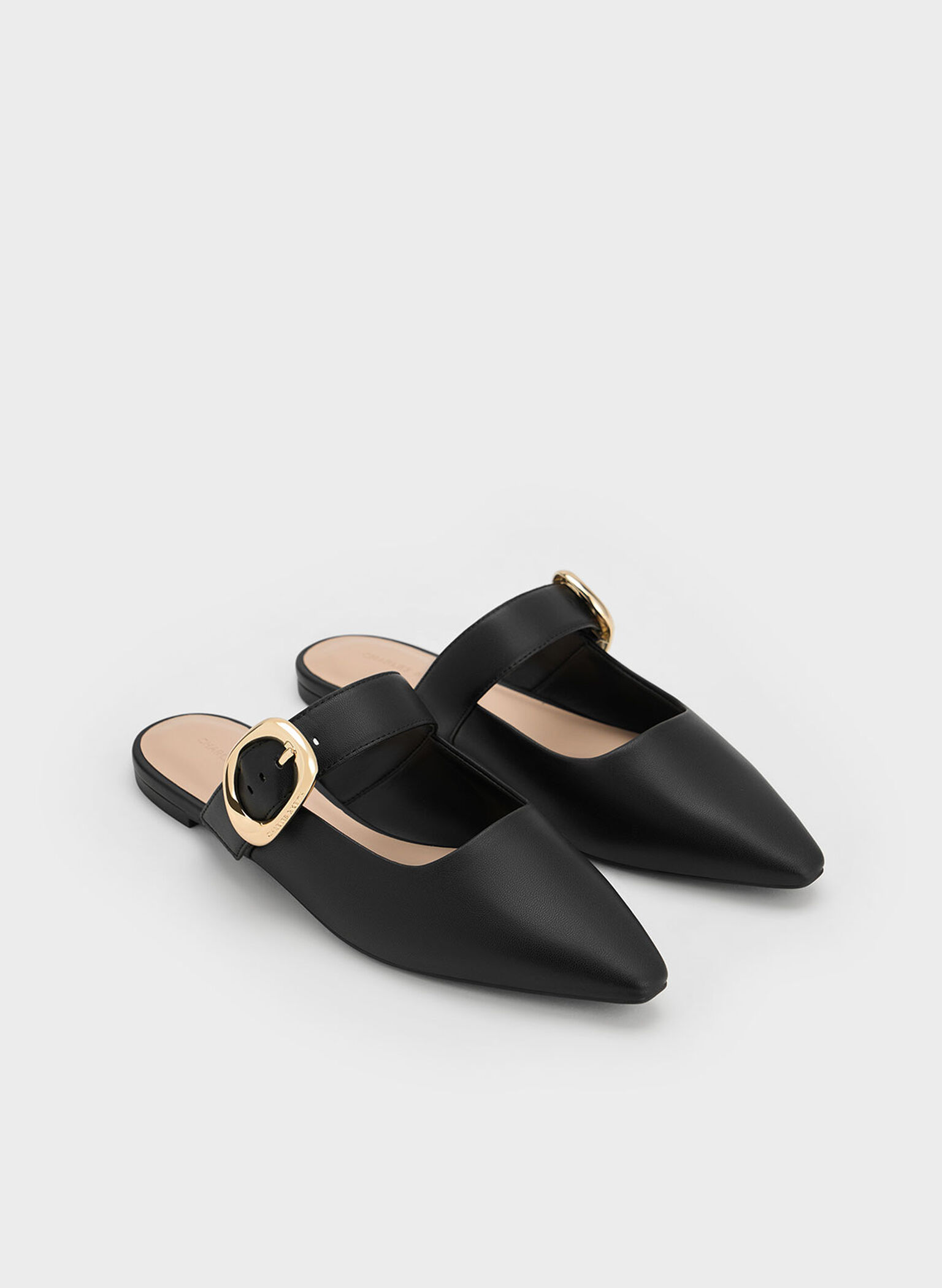 Buckle-Strap Flat Mules, Black, hi-res