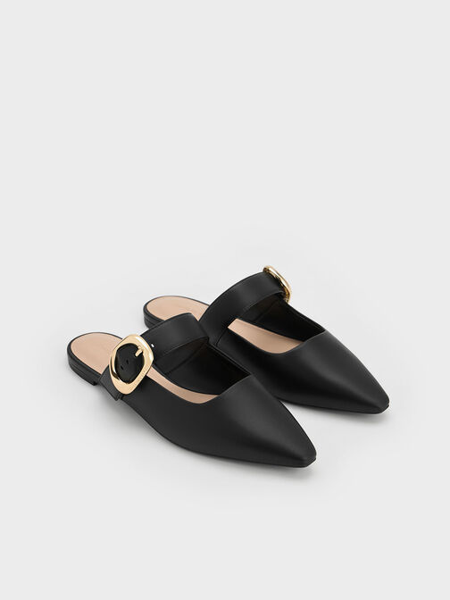 Buckle-Strap Flat Mules, Black, hi-res