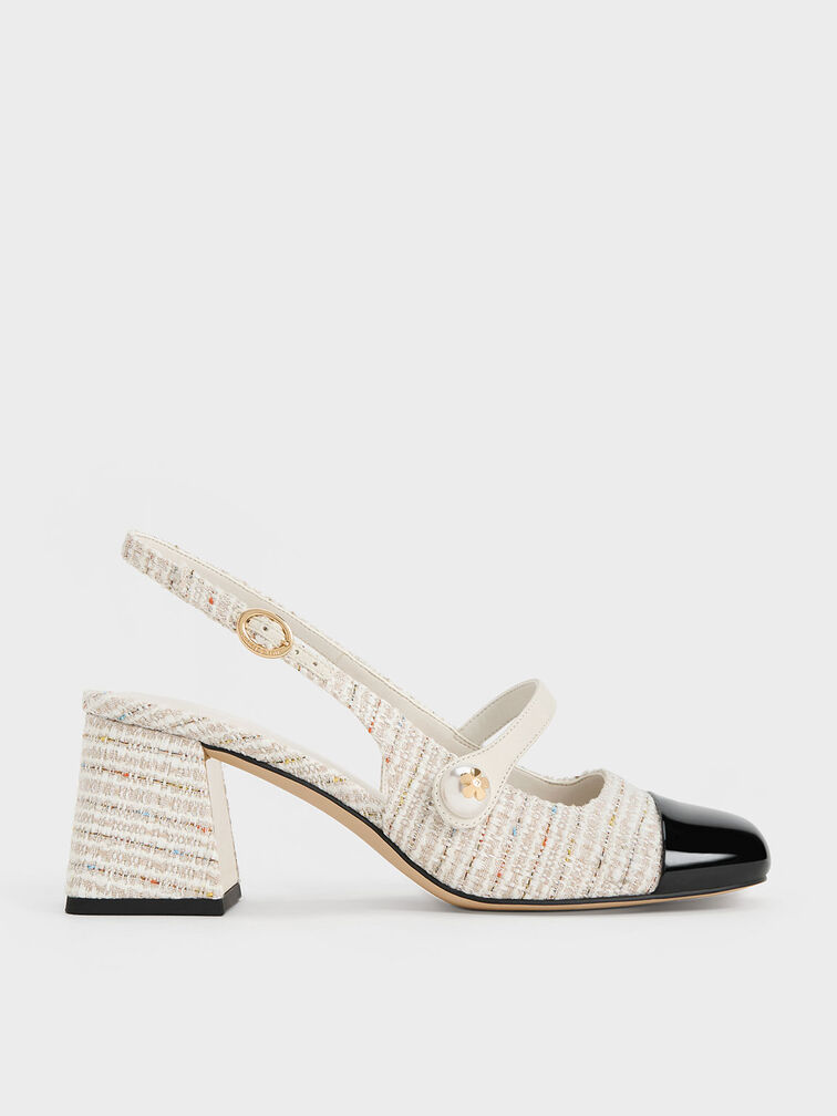 Tweed Pearl Embellished Trapeze-Heel Slingback Pumps - Cream