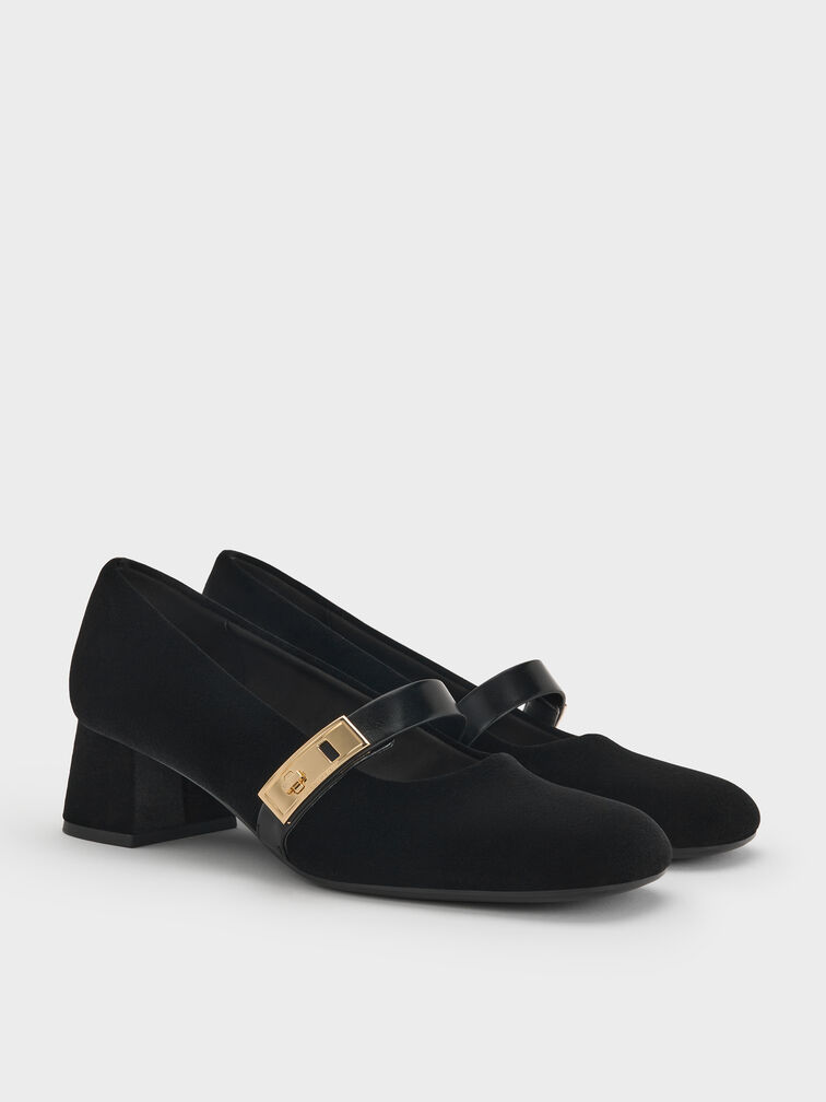 Lando Velvet Metallic-Buckle Mary Jane Pumps, Black Textured, hi-res