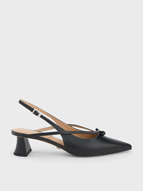 Leather Bow Strappy Slingback Pumps, Black, hi-res