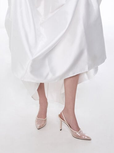 Sequin Mesh & Leather Pointed-Toe Slingback Pumps, Nude, hi-res