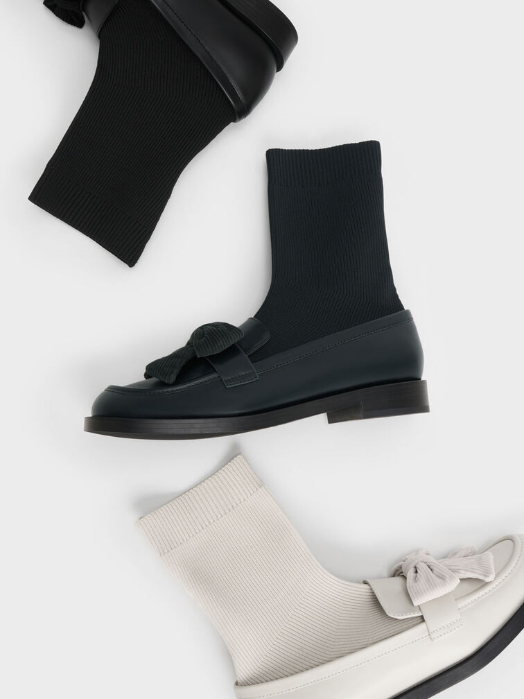 Bow Knitted Sock Loafer Boots, Dark Green, hi-res