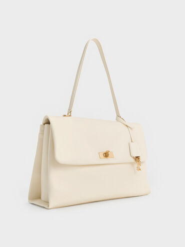 Bolso tipo satchel Kerry con asa superior, Crema, hi-res