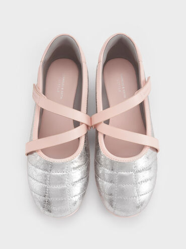 Girls' Metallic Crinkle-Effect Mary Jane Sneakers, Silver, hi-res