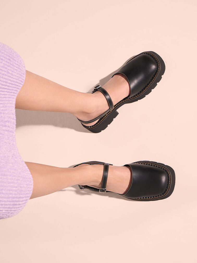 Cleated Sole Ankle-Strap Shoes, Black, hi-res