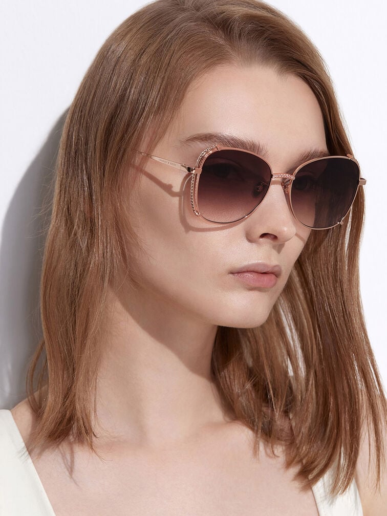 Gafas de sol de media montura estilo mariposa, Oro rosa, hi-res