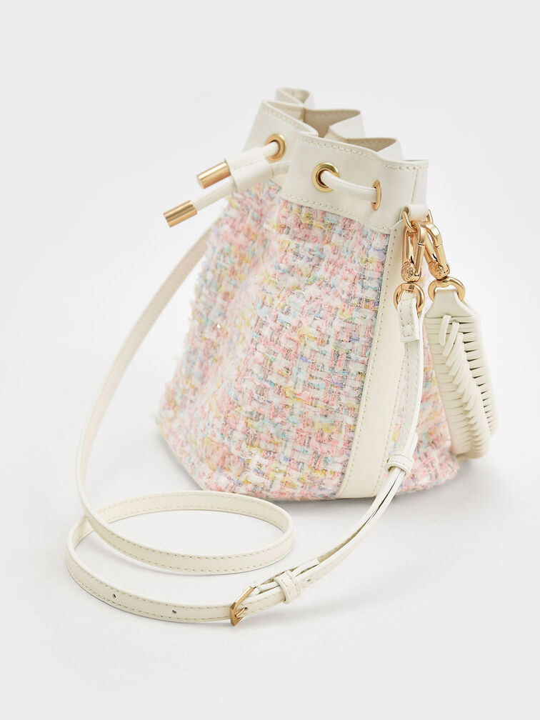 Woven Handle Tweed Bucket Bag, Light Pink, hi-res