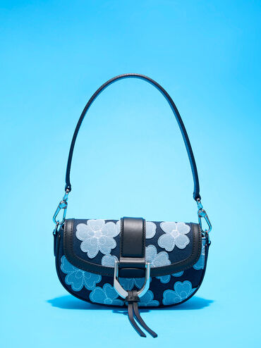 Blue Girls' Flower-Embellished Denim Check-Print Sneakers - CHARLES & KEITH  US
