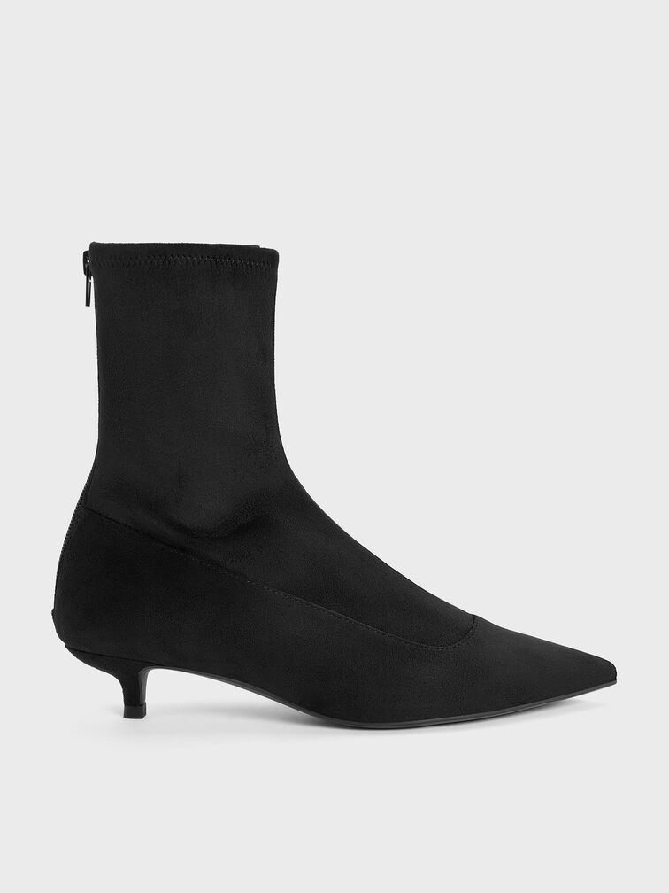 Faux Suede Pointed Heeled Ankle Boots, Black Textured, hi-res