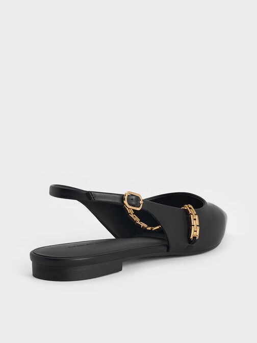 Chain-Strap Pointed-Toe Slingback Flats, Black, hi-res