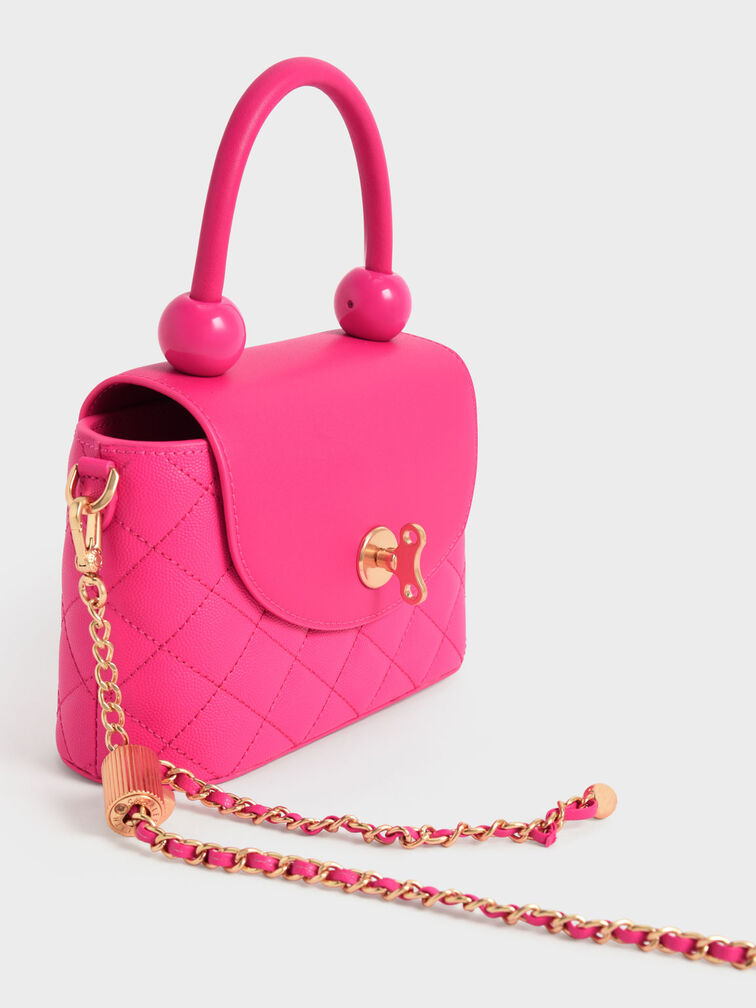 Fuchsia Round Quilted Top Handle Bag - CHARLES & KEITH US