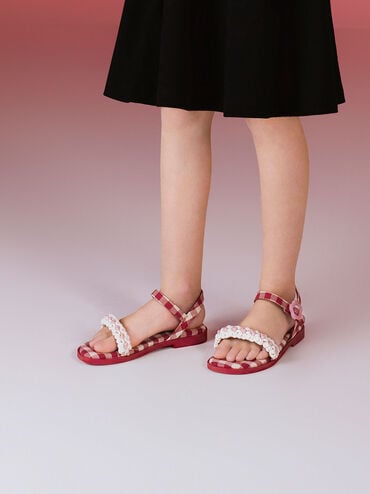 Girls' Floral Gingham Sandals, Red, hi-res