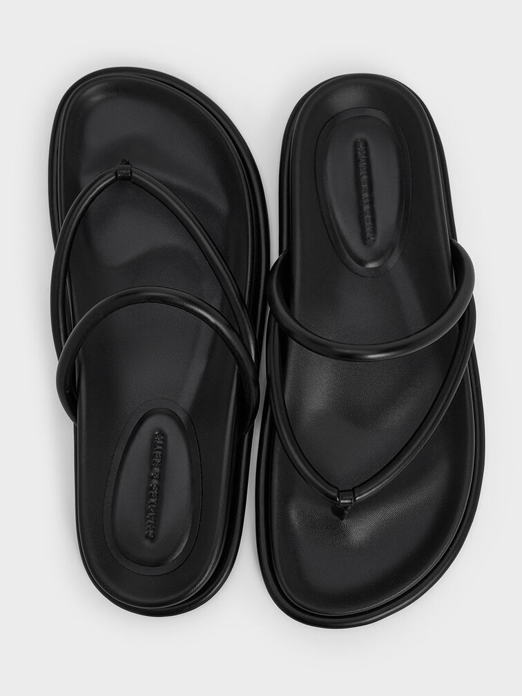 V-Strap Tubular Thong Sandals, Black, hi-res