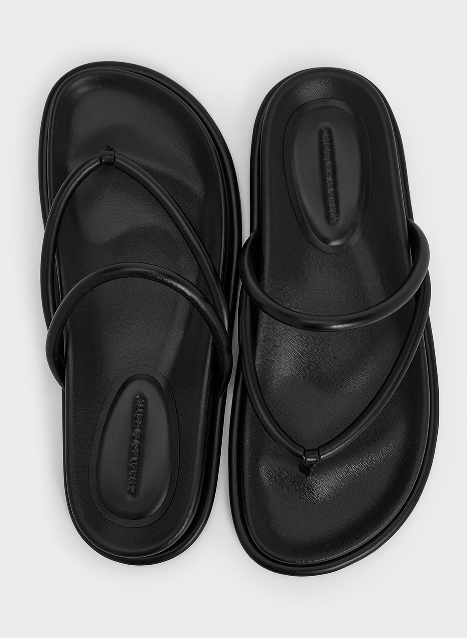 V-Strap Tubular Thong Sandals, Black, hi-res