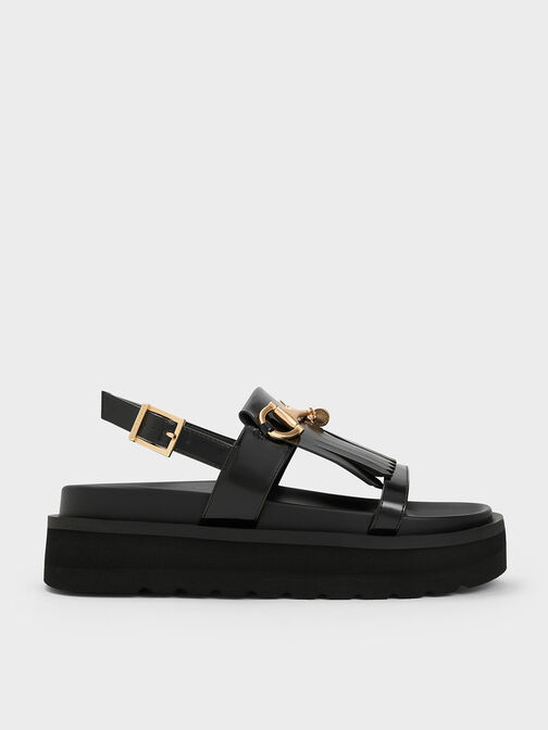 Horsebit & Fringe Platform Sandals, Black Box, hi-res